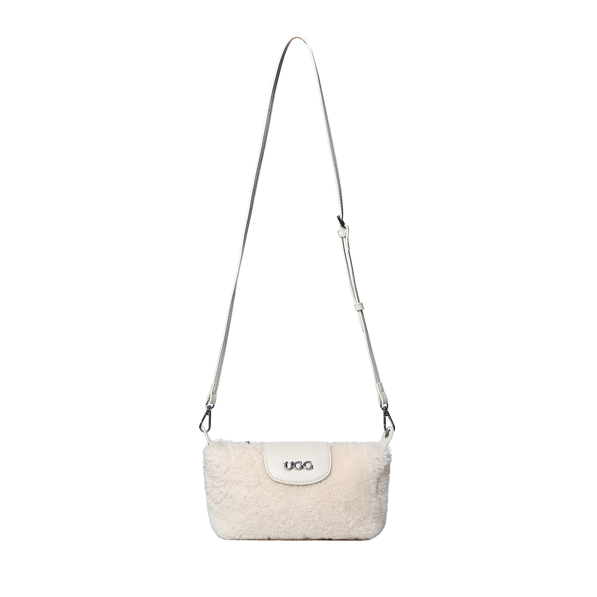 Beige UGG Sam fluffy sheepskin crossbody bag with adjustable shoulder strap