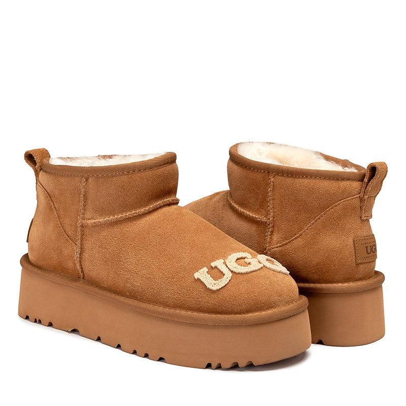 Chestnut platform mini UGG boots with soft wool lining and chunky sole, casual women’s Australian style sheepskin ankle boots for everyday comfort