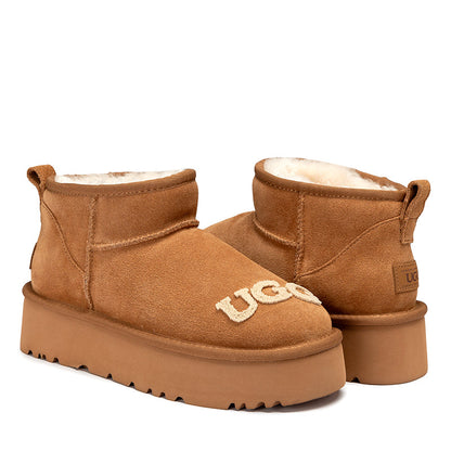 Chestnut platform mini UGG boots with soft wool lining and chunky sole, casual women’s Australian style sheepskin ankle boots for everyday comfort